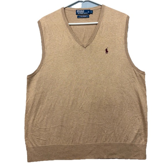 VTG Polo Ralph Lauren Sweater Vest Mens L Cotton Silk Cashmere V Neck Tan Y2K‎ - Picture 1 of 8
